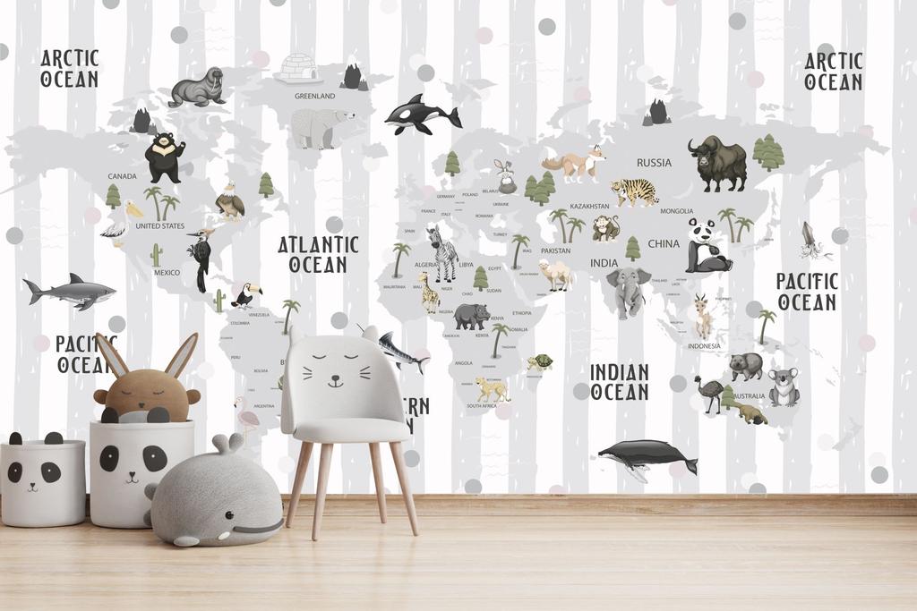 Children's photo wallpaper world map with gray stripes and animals DWK287 200x135