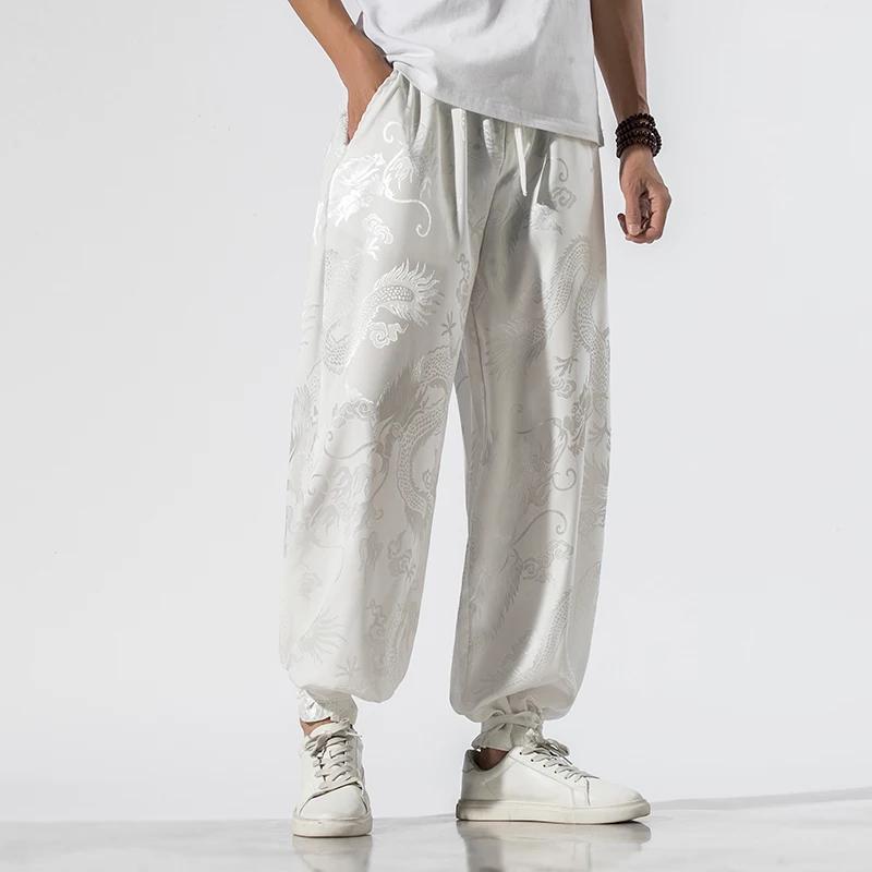 2026 Summer Chinese Style Men Dragon Print Casual Harem Pants Men Wide Leg Jogger Trousers Male Hip Hop Loose Ankle Banded Pants