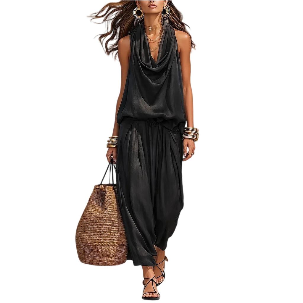 Women's Two Piece Set Draped Neck Sleeveless Top and Casual Loose Fit Pants Summer Outfit Soft Fabric Comfortable Fit