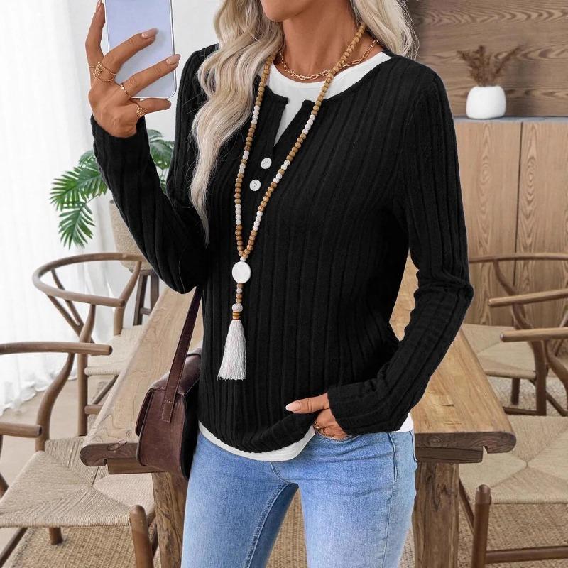 Button Pullover Grinding Contrast Color Slim Long-sleeved T-shirt Autumn Winter New Product for Women Fake Two-piece Round Neck