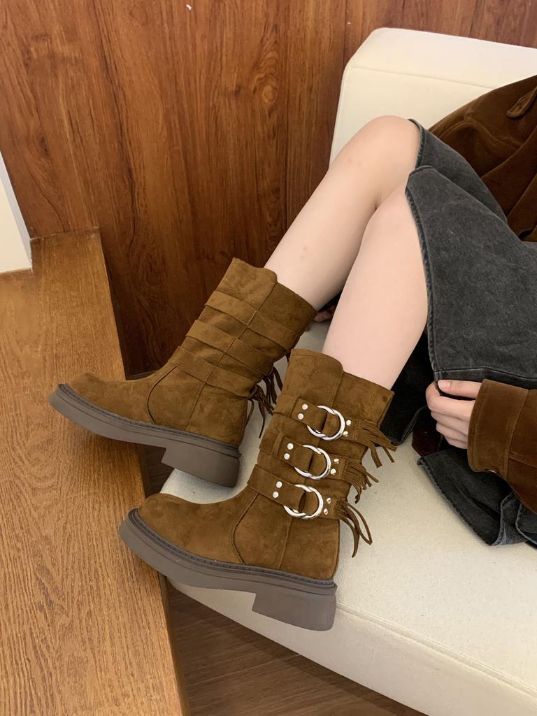 Leather Version Wasteland Wind Leather Desert Western Boots Women's New Stacking Boots Design Tall Boots Versatile Knight