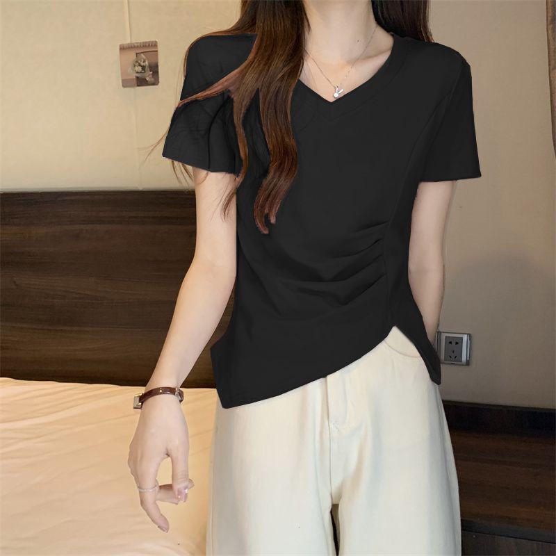

Plus Size Women s Summer 2025 V-Neck Short Sleeve T-Shirt, Belly-Covering Design L чёрный