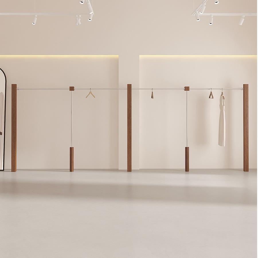 Wall-Mounted Imitation Walnut Women's Clothing Display Rack with Stainless Steel Floor-Standing Hanging Rod