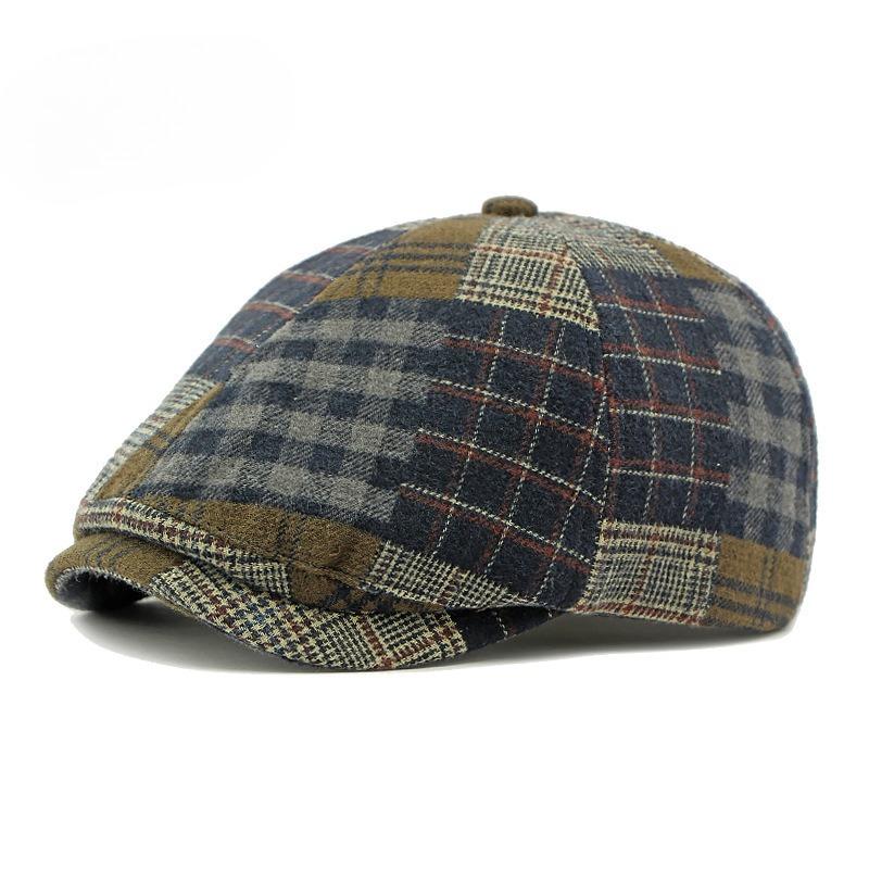 

Vintage Patchwork Plaid Beret Hat Men Women British Retro 6-Panel Flat Cap Autumn Winter Warm Newsboy Hat Painter Cap 56-60cm тёмно-синий