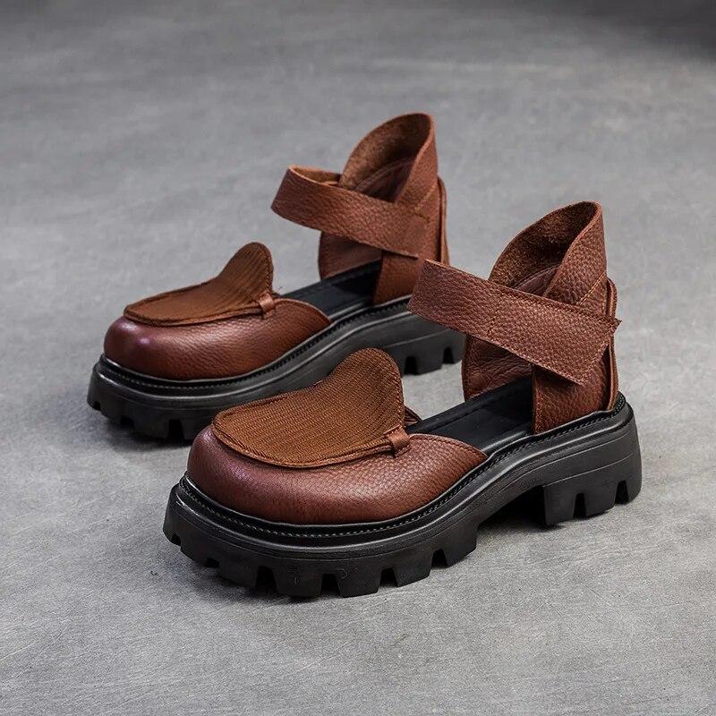 Johnature Sandali retrò con suola spessa Scarpe da donna versatili con chiusura a strappo in vera pelle