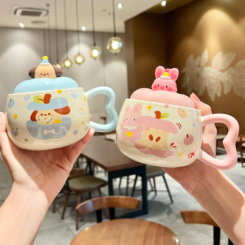 Apple Puppy Water Cup Super Beautiful Rabbit Ceramic Cup with Lid Spoon Couple Mug for Girls' Birthday Gift