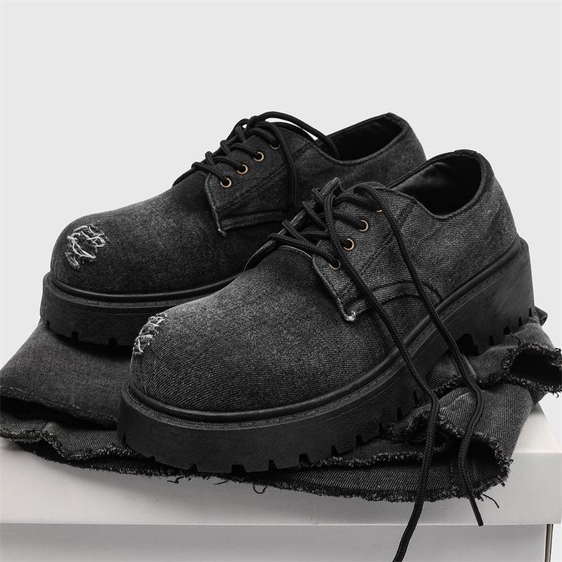 

Джинсовые туфли дерби с большой головой мужские летние на платформе повседневные кожаные туфли 2025 новые низкие американские рабочие модные туфли 44 чёрный