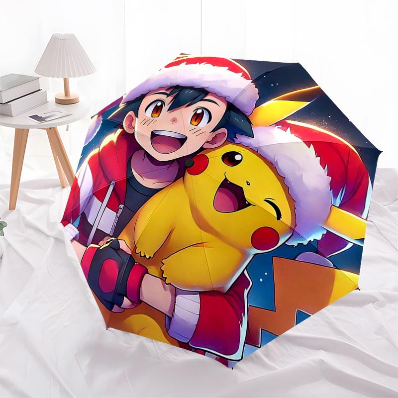 

1pc Christmas Pikachu & Trainer Auto Open Close Umbrella - Portable 3-Fold Design, 8-Rib Iron Frame Outdoor Umbrella, Perfect Gift for Fans, Travelers