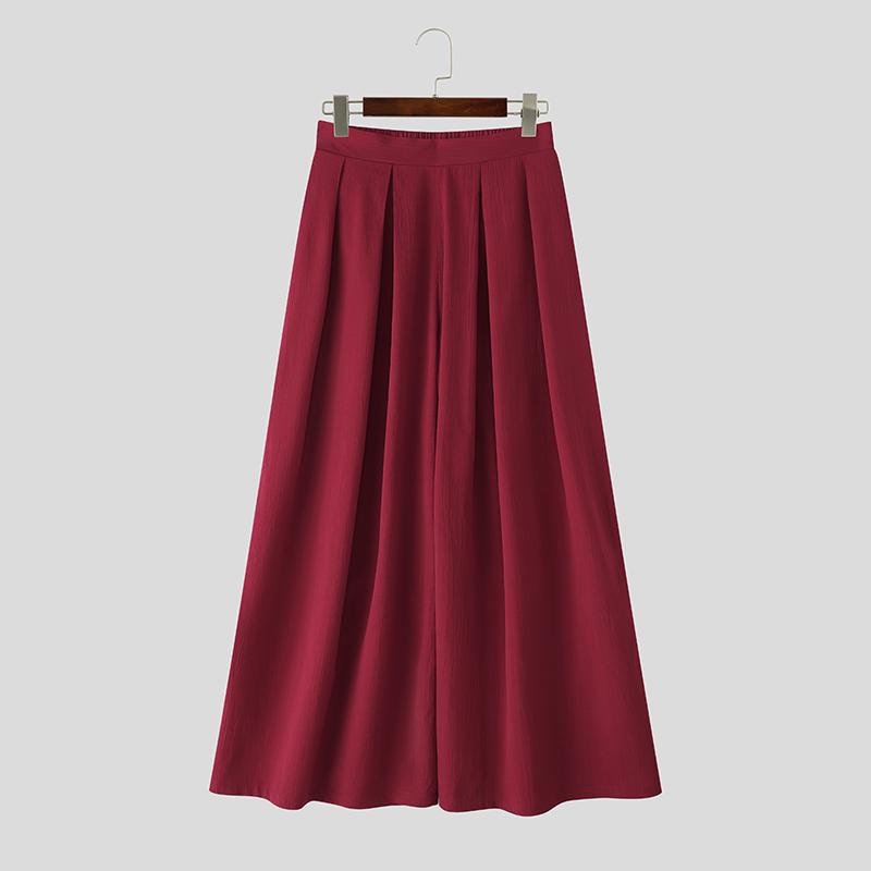 INCERUN Men Casual Elastic High Waist Long Wide Legs Pants Culottes Trousers
