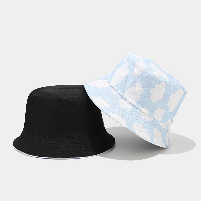 Spring new canvas bucket hat men and women refreshing blue sky white cloud pattern double-sided basin hat spring and summer outdoor hat