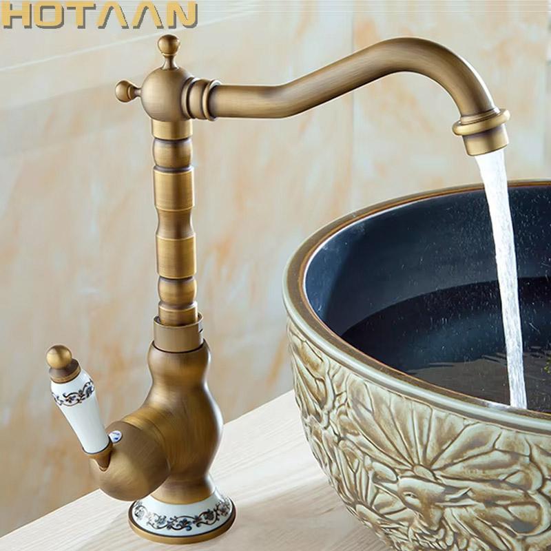 Antique Brass Basin Faucets Bathroom Sink Mixer Deck Mounted Single Handle Single Hole Bathroom Faucet Brass Hot and Cold Tap