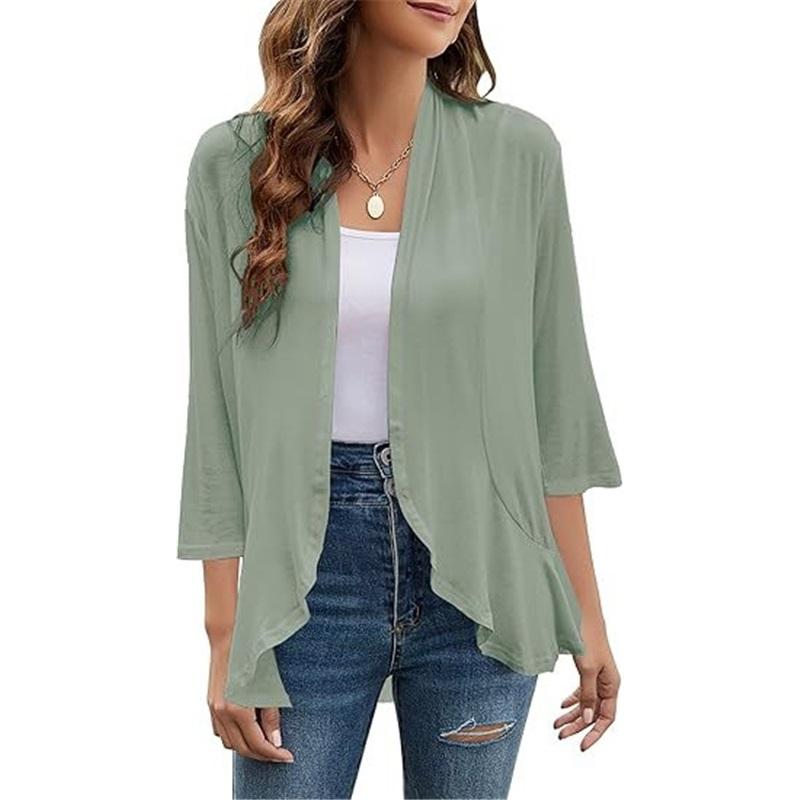 Europäische und Amerikanische Sommer Damen Oberteile, Neue einfarbige Strickjacken, Dreiviertelärmel, Rüschen, Lässiger Minimalistischer Stil
