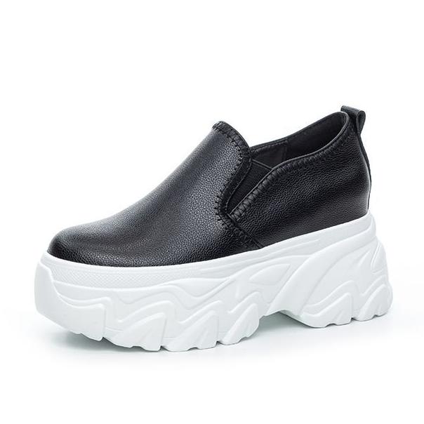 Fashion 9CM Genuine Leather Platform Sneakers for Women White Shoes Wedge Chunky Loafers Shoes Footwear Female Slip On Slipony Shoes