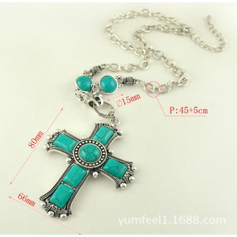 Vintage Cross Pendant Necklace Men Women Turquoise-Inlaid Alloy Snake Chain Statement Jewelry