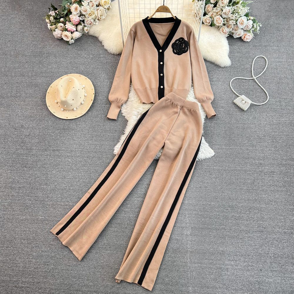 JPNTKY Fashion Set: Long-sleeved, Contrasting Color, V-neck Knitted Cardigan, Two-piece Set, High-waisted, Straight-leg, Wide-leg Pants