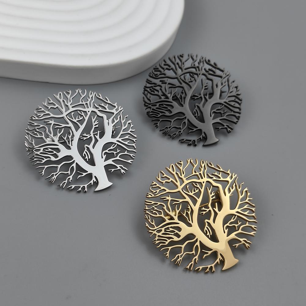 New Round Tree of Life Gold-plated Stainless Steel Brooch, Men's Suit Pin Black, High Quality Father Husband Gift Set