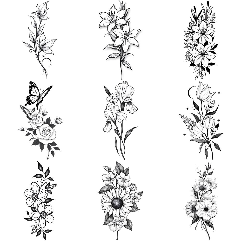 9pcs Temporary Tattoo Floral Tattoos Temporary Tattoo Stickers Butterfly Tattoos Waterproof Long-lasting Body Stickers For