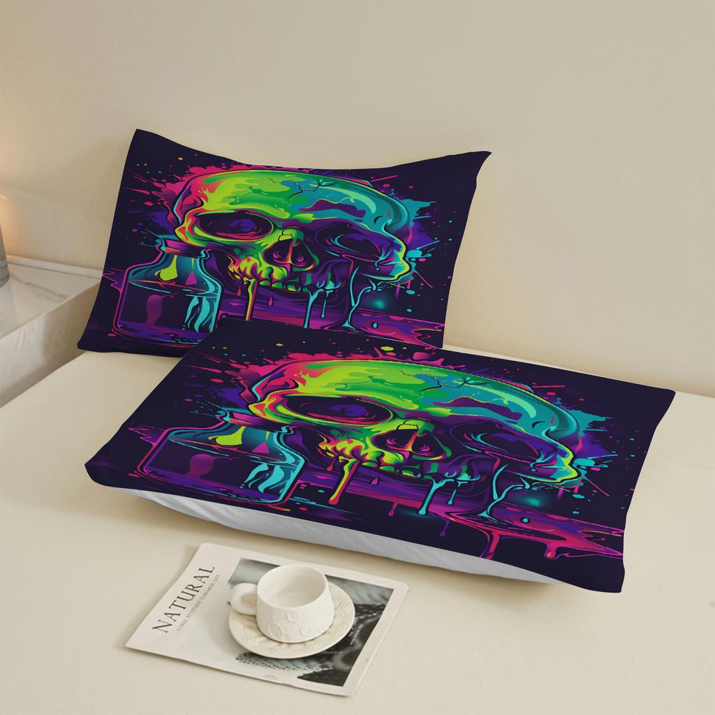 3pcs Fitted Sheet Set Skull 3D Printed Colorful Drip Paint Breathable Easy Care Bed Sheet With Pillowcases For Bedroom Decor