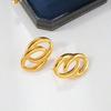 Gold Double Ring Oval Stud Earrings - European & American Style, Polished Stainless Steel, Simple & Elegant Circle Jewelry