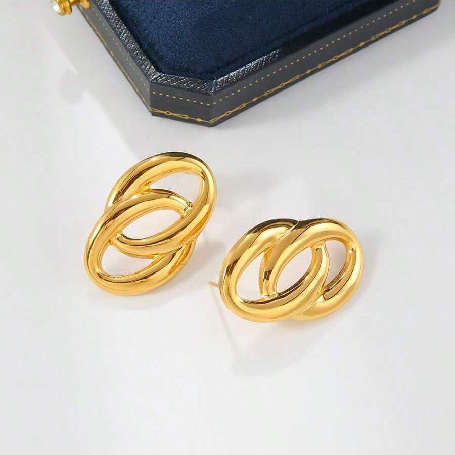 Gold Double Ring Oval Stud Earrings - European & American Style, Polished Stainless Steel, Simple & Elegant Circle Jewelry