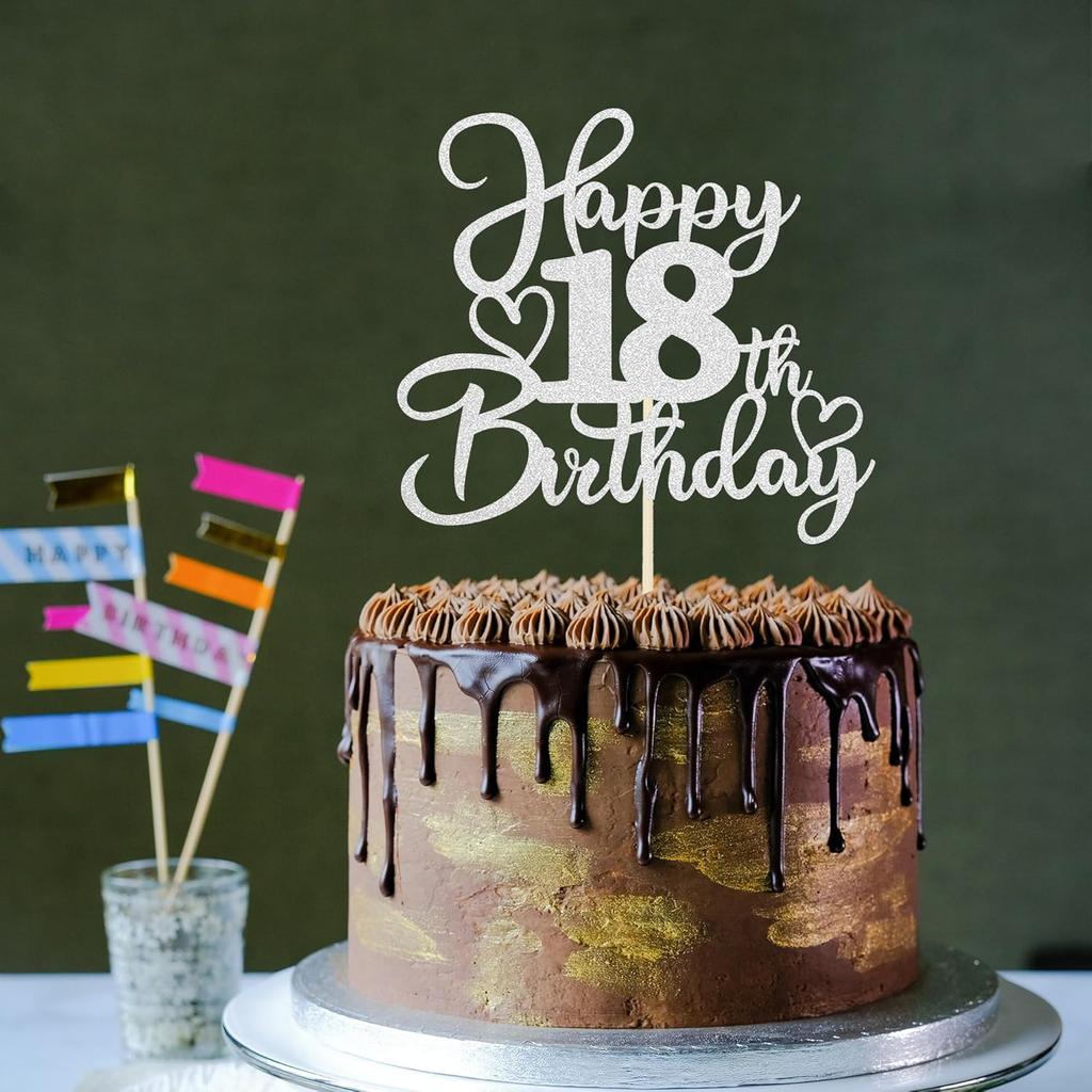 Sotpot 1PC Happy 18th Birthday Cake Topper Double-sided Silver Glitter Cake Pick Cake Decoration for 18th Birthday Anniversary Party Cake Decorations