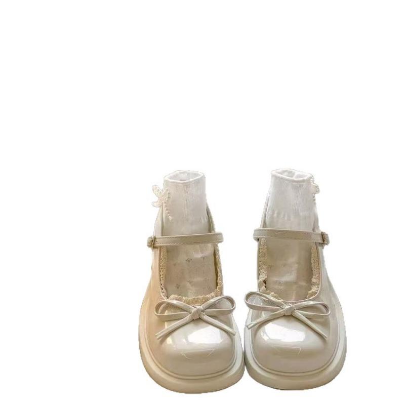 Taizhou round head bright leather women's new thick heel buckle single shoes college style bow JK leather shoes