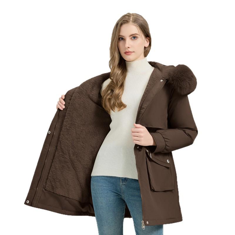 Women's Mid-Length Hooded Parka with Large Fur Collar, Korean Style, Versatile Plus Velvet Thick Down Cotton Jacket.