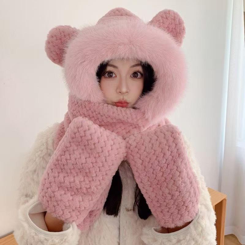 Bunny Ear Plush Hat And Scarf For Women Winter Style Cute Thick Warm Ear-Protecting Lei Feng Hat