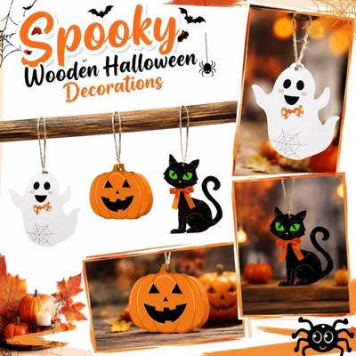 Wooden Halloween Hanging Decorations Set Ghost Cat Pumpkin Spider Design for Holiday Party Desktop and Wall Display