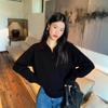 Black polo neck sweater women's casual lazy wind loose v-neck pullover knitted top new in autumn and winter