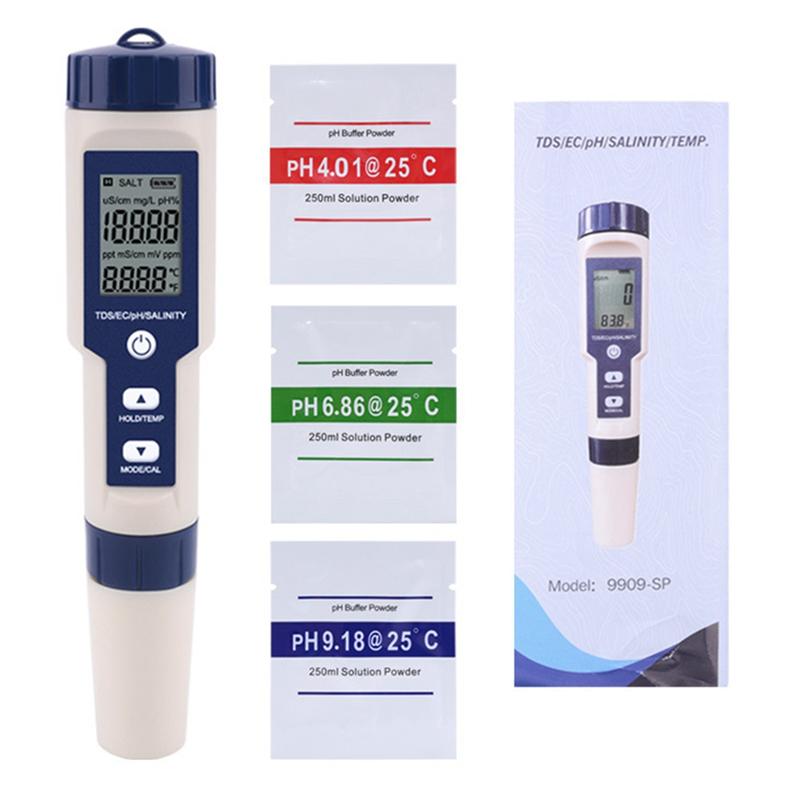 A25F-Five-In-One Water Quality Detector Test Pen EZ9909PH For PH, Salinity, Temperature, TDS, And EC