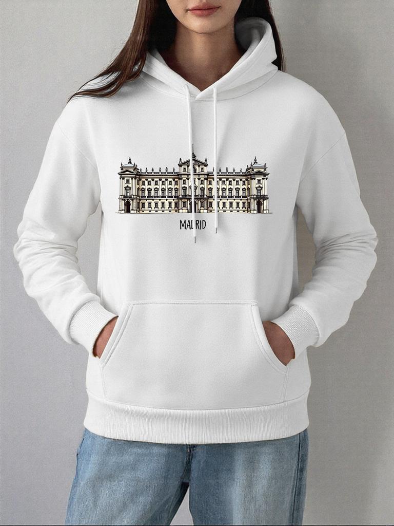 Royal Palace Of Madrid Printing Hoodies Women Winter Fleece Warm Sweatshirts Basics Pocket Pullovers Casual Loose Womans Clothes