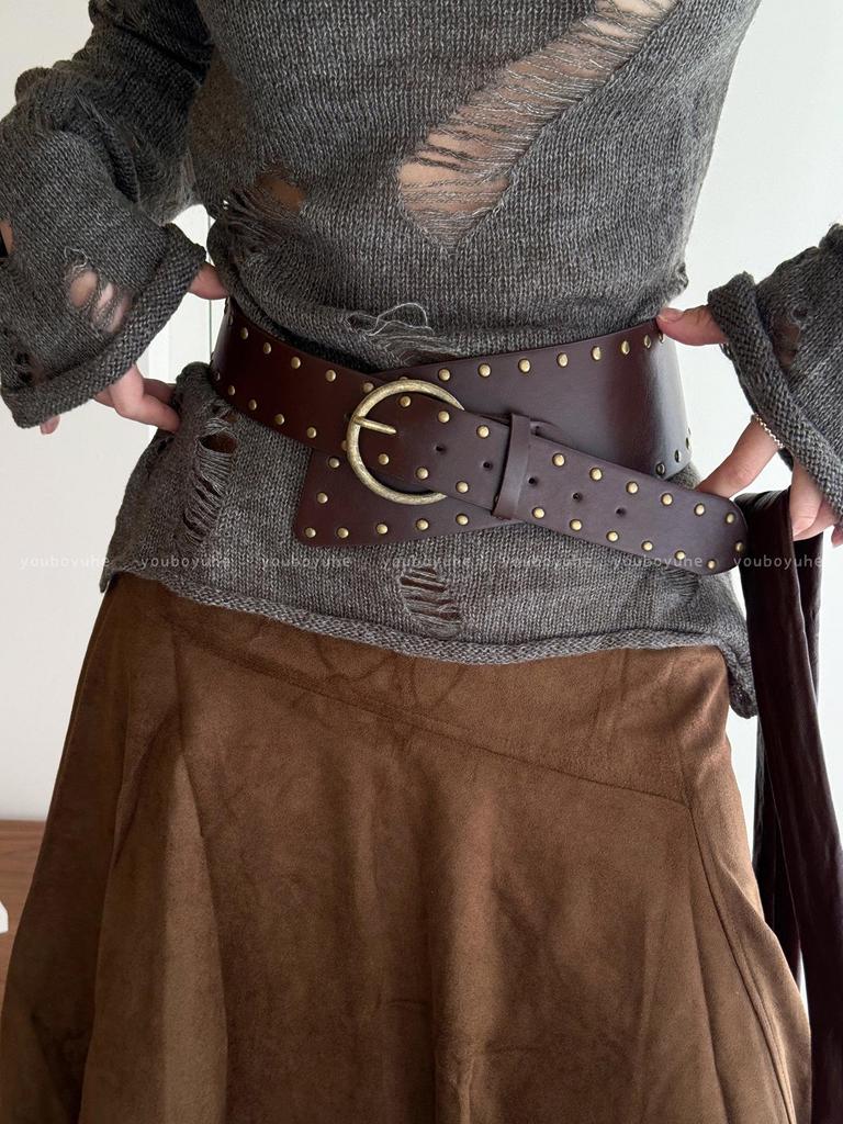 Brown Retro Punk Wide Waist Belt with Rivet Buckle - Women's High-End Dress Accessory