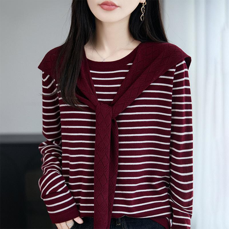 2025 Early Autumn Loose Striped Long Sleeve Wool Knitwear: Stylish Versatile Shawl