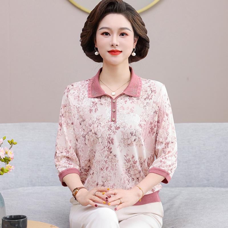 Lapel Top for Moms: 2026 Ice Silk Printed Blouse with Seven Sleeves - Stylish Summer Wear for Middle-Aged and Older Women