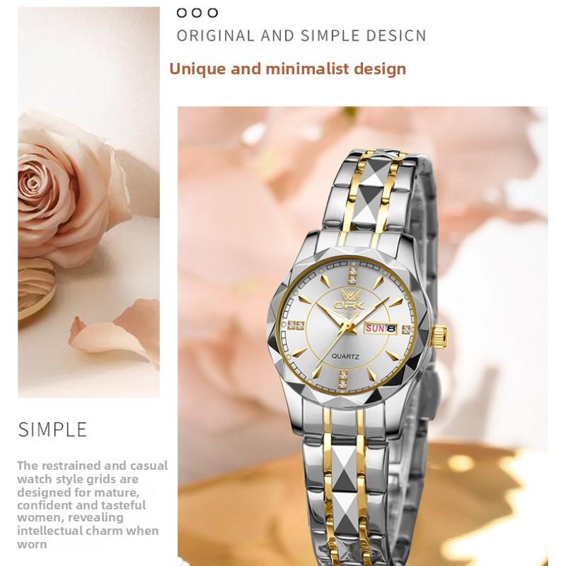 Rhombus Cut Couple Watch, A Pair of Steel Straps, Double Calendar Men's Watch, Luminous Waterproof Women's Watch, High-end