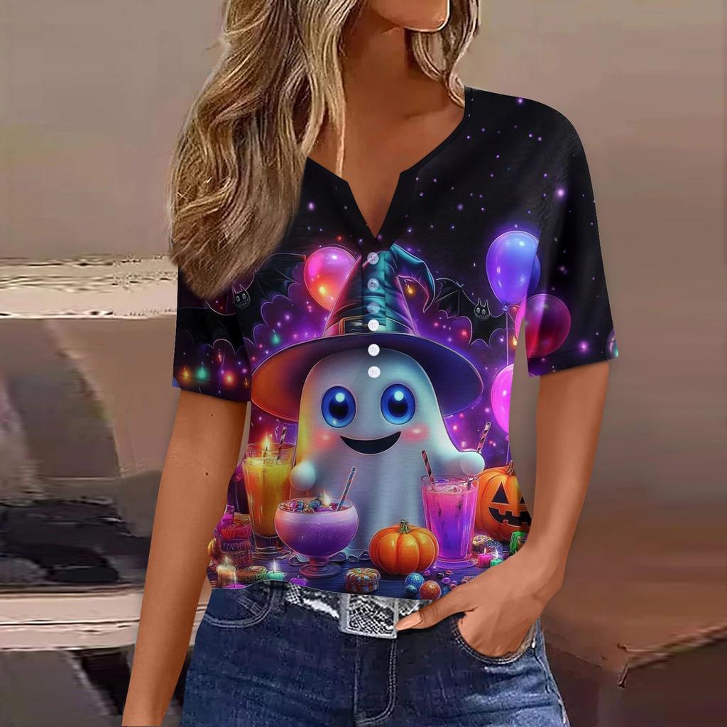Women's T Shirt Tee Halloween Printed Button Short Sleeve Tunic Daily Weekend Fashion Basic V- Neck Regular Top