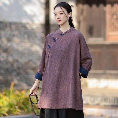 Women Vintage Shirts Tops Button Spring Chinese Style Solid Color Stand Long Sleeve Blouses
