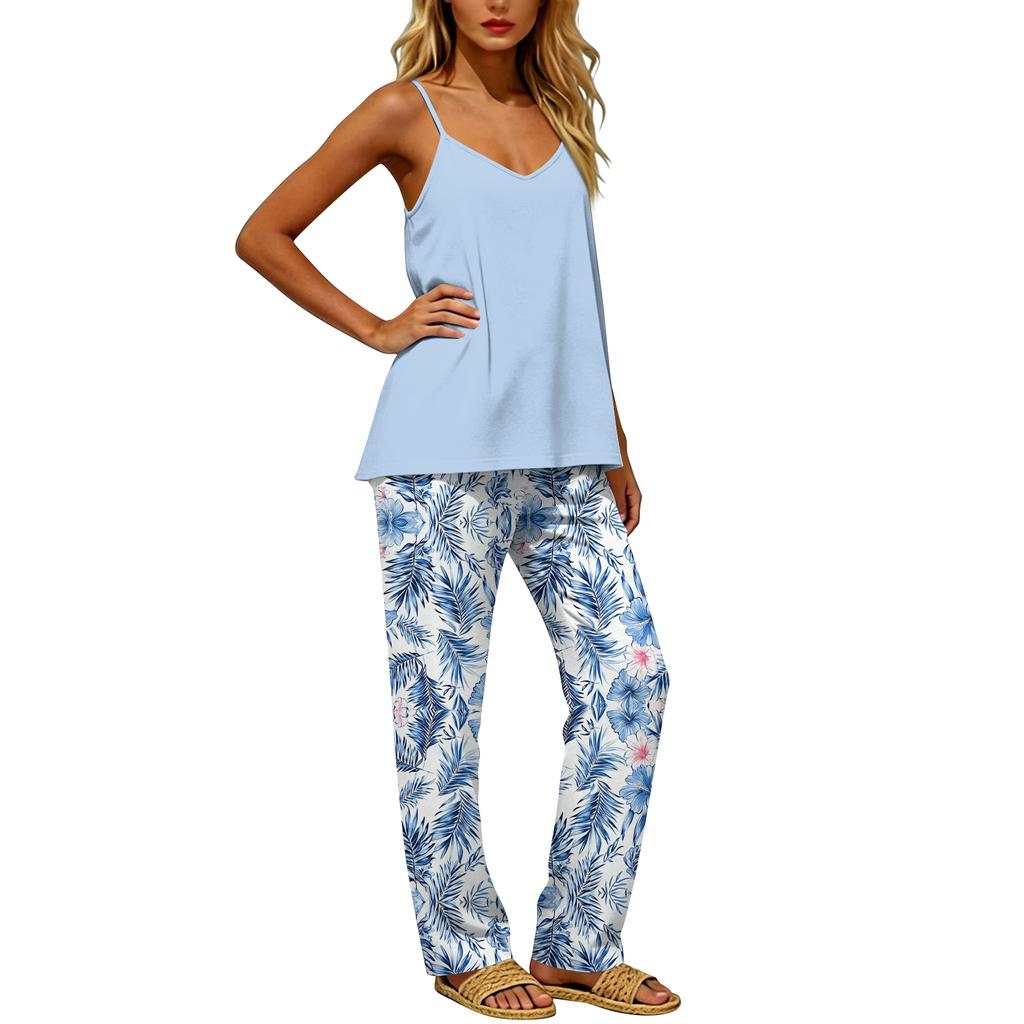 Women's 2 Piece Outfit Set, Casual Backless Sleeveless Top with Elastic Waist Long Pants, Suit No Pockets