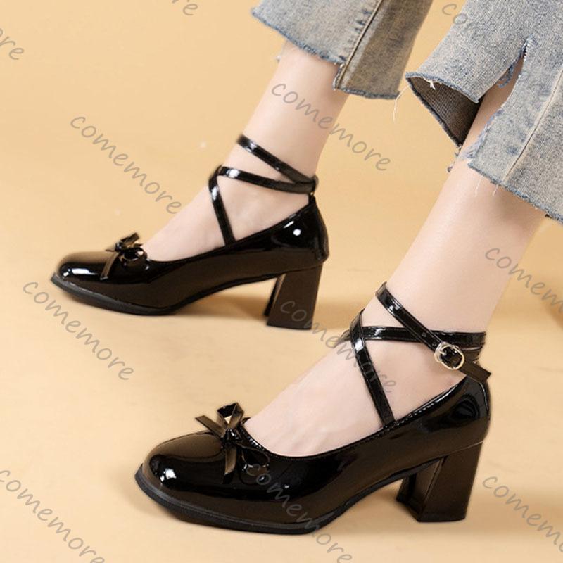 Fashion Comemore Black Brown Retro Cross-Tie Pumps Casual Summer Round Toe Shoes Ladies Sweet Fashion Woman Bow Heeled Mary Janes Shoes