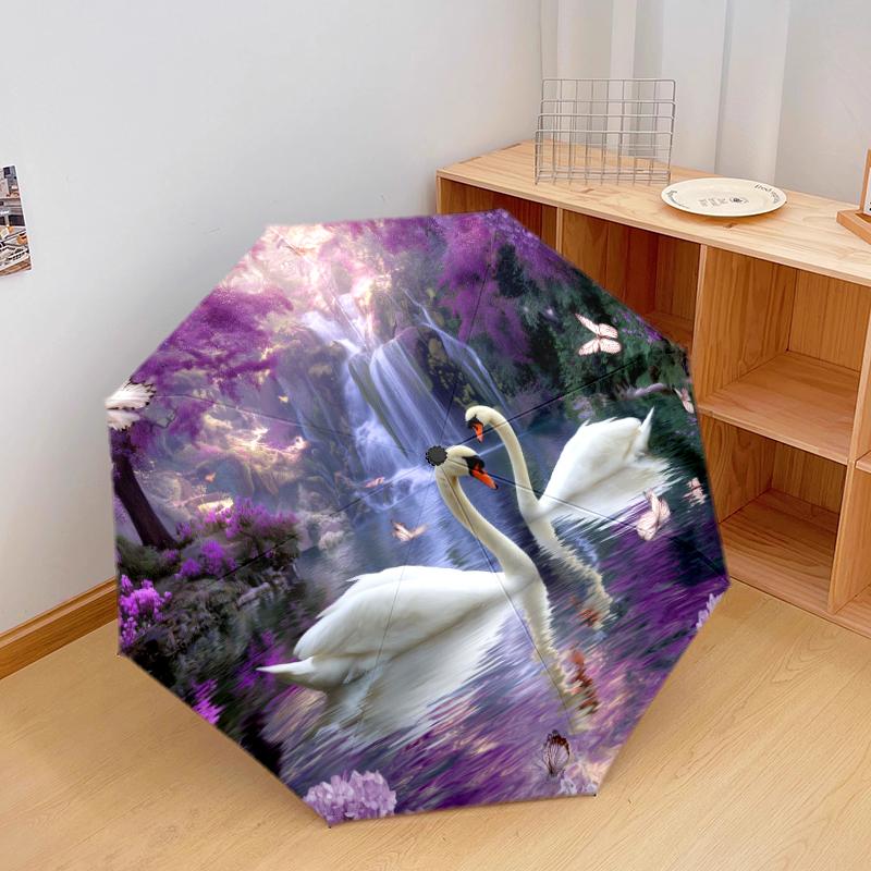 1 PC Automatic Folding Umbrella - Swan Dance Pattern, Portable & Foldable Design with 8 Ribs, Christmas Birthday Gifts