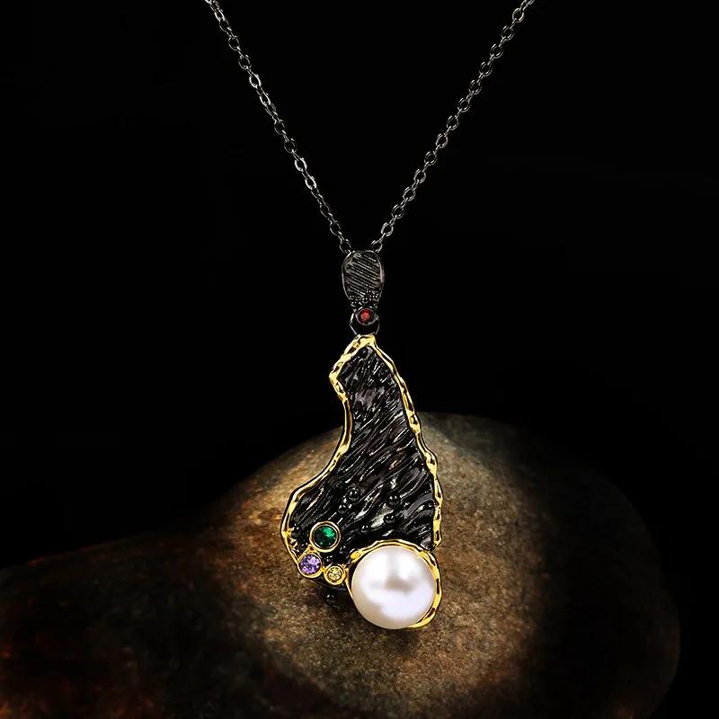 Vintage Bohemian Style Necklace Irregular Color Pattern Zircon Pearl Black Gold Series Pendant Clavicle Chain Ladies Jewelry