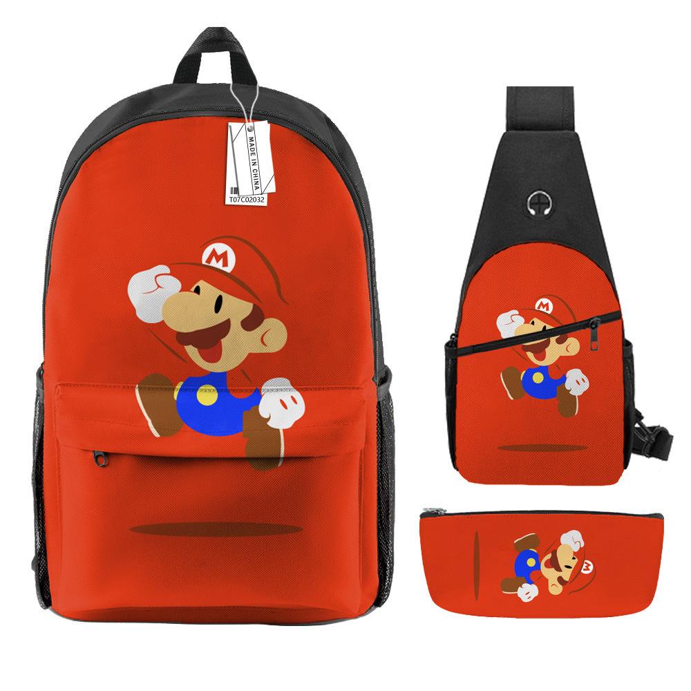 Animation Backpack, Super Mary Primary School Student Print Children'S Backpack Satchel Pencil Case Three-Piece Set