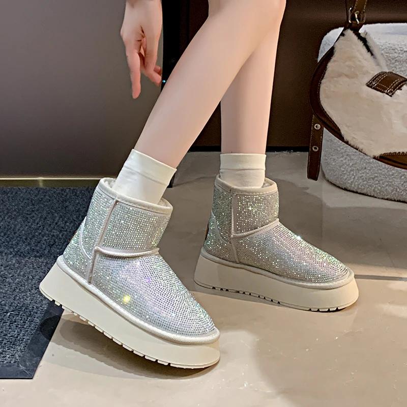 Fashion Women's New Winter Thick Soled Snow Boots Round Head Suede Rhinestone Anti-slip Wear-resistant Short Boots