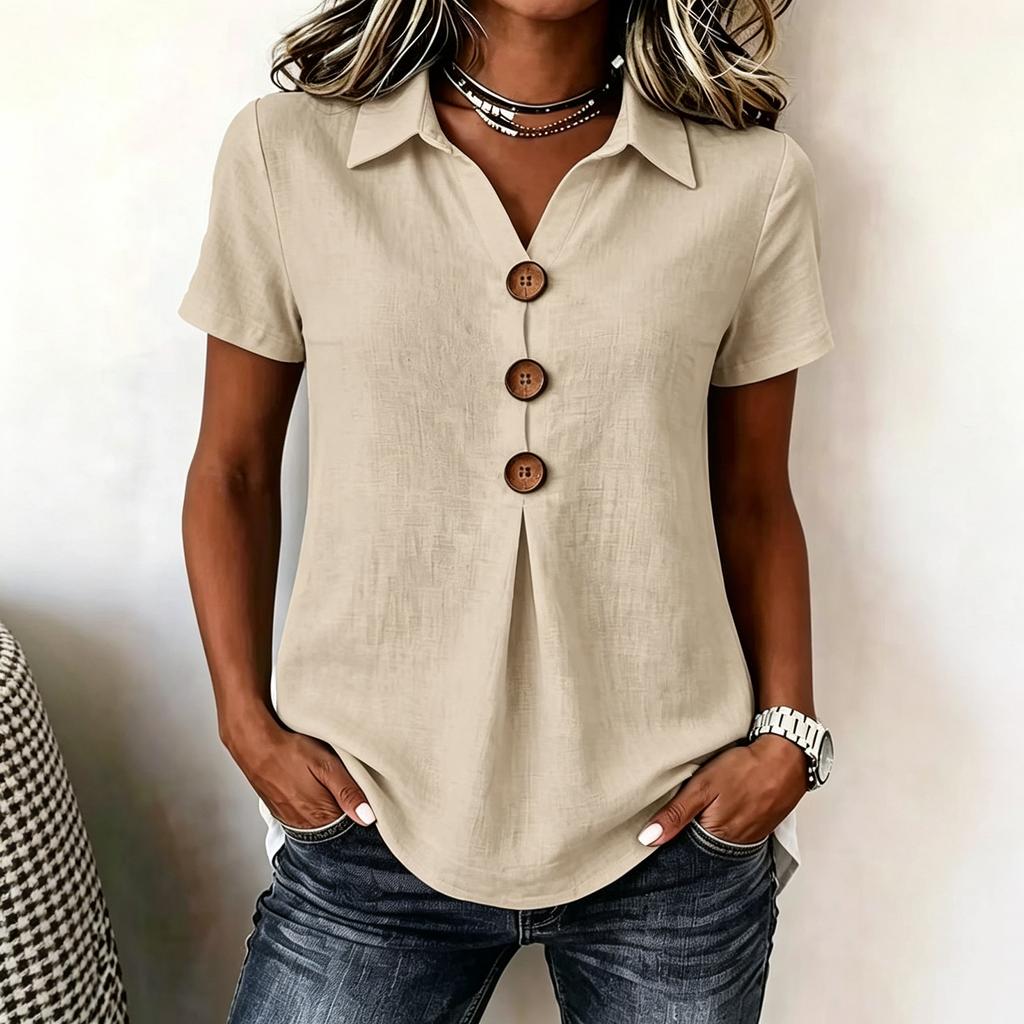 Women's Casual V Neck Button Front Shirt Short Sleeve Collared Blouse Lightweight Loose Fit Summer Top