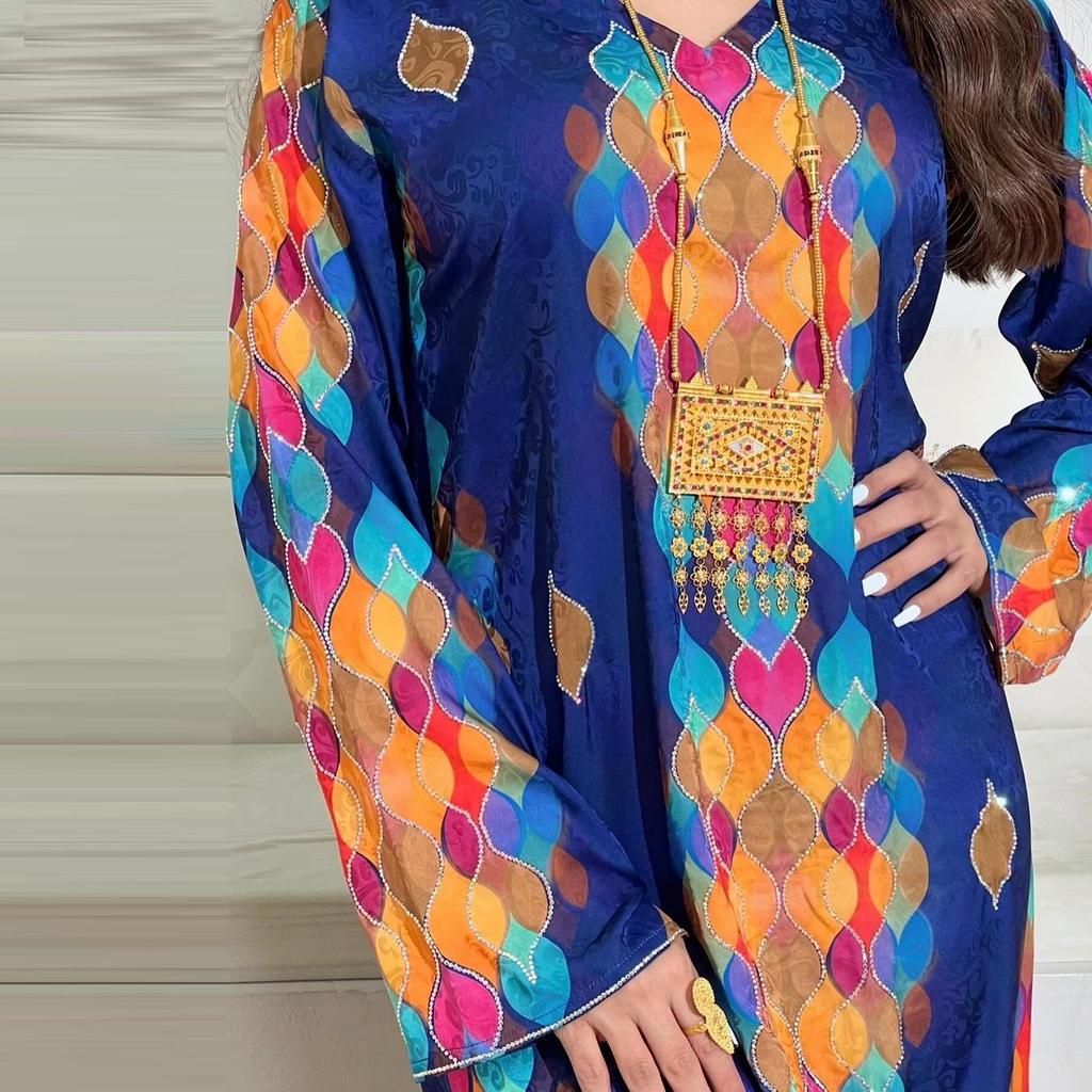 Elegant V-Neck Long Sleeve Dress with Hot Drill Print for Women