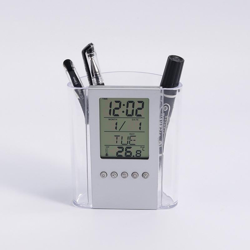 Creative Acrylic Office Pen Cup With Digital Date Clock And Multifunction Storage For Professionals
