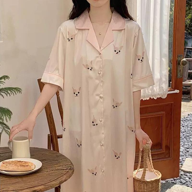 Wind Autumn Ice Silk Simple Thin Pajamas Women'S Short Sleeves Cute Loungewear Nightdress Loungewear