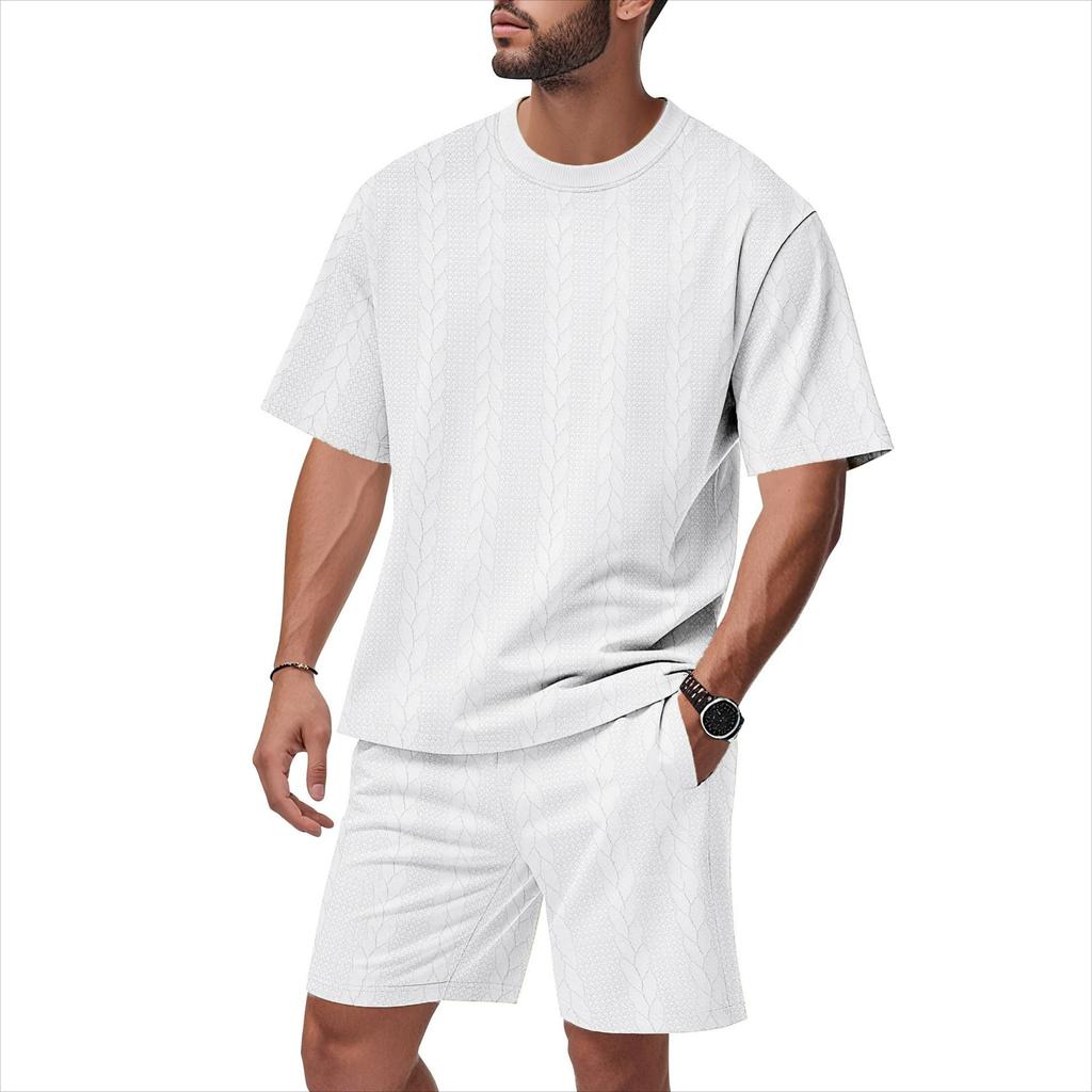 Men's Summer Jacquard Suit, Round Neck, Short-sleeved Shorts, Casual Two-piece Suit