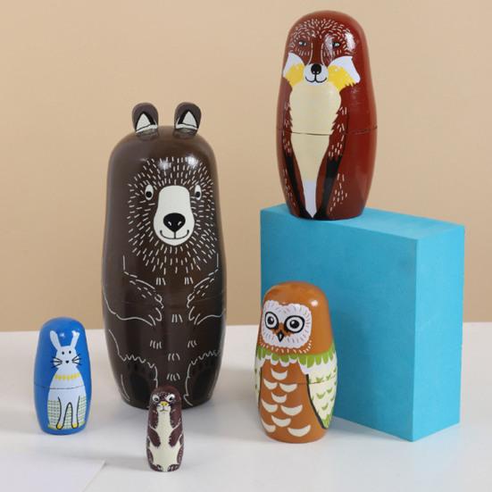 5Pcs/Set Animal Russian Nesting Doll 5 Layers Handmade Wooden Matryoshka Forest Animal Stacking Toy Home Office Desktop Decoration Ornament